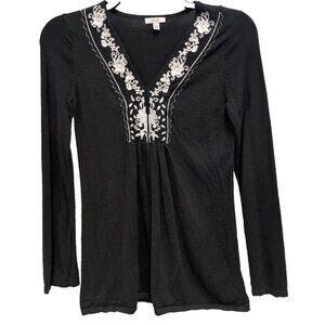 Y2K Cache Sweater Womens Medium Black Embroidered BOHO Long‎ Sleeve V-Neck